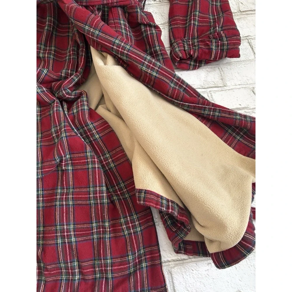 L.L.Bean Scotch Plaid Flannel Robe Men XL Regular Sherpa Lined Red Belted